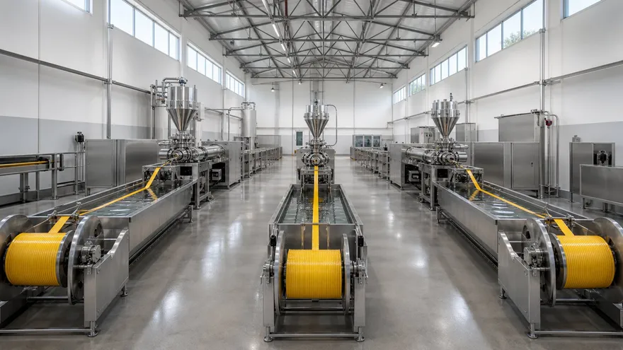 Extrusion lines running down the plant aisle, zipper profile on every winder.