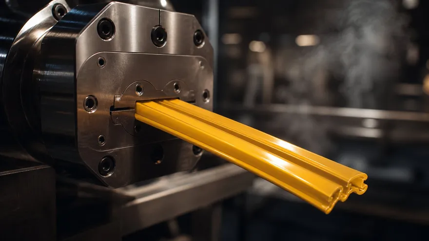 A zipper profile leaving the extrusion die, the two tracks already formed.